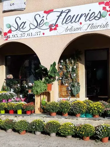 La façade de la boutique sous les arcades, avec l'enseigne Sa Sé Fleuries et des pots de fleurs sur le trottoir